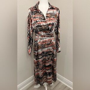 See U Soon Women's A-Line Faux Wrap Midi Dress w/Long Sleeves in Gray & Coral S